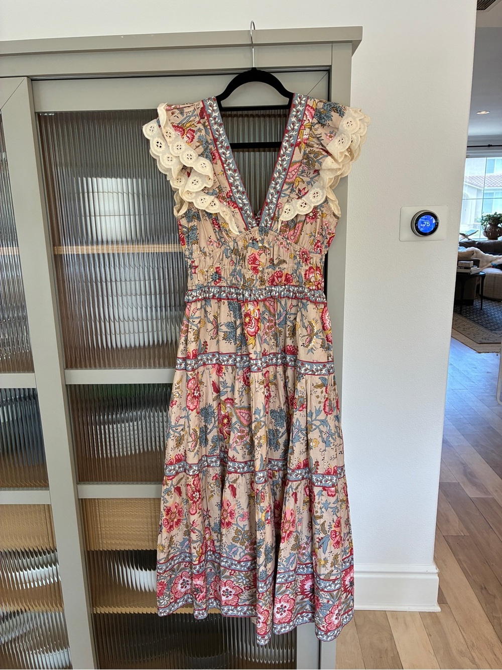Sea New York Floral Paisley Tiered Midi Dress — Eyelet Ruffle Sleeves